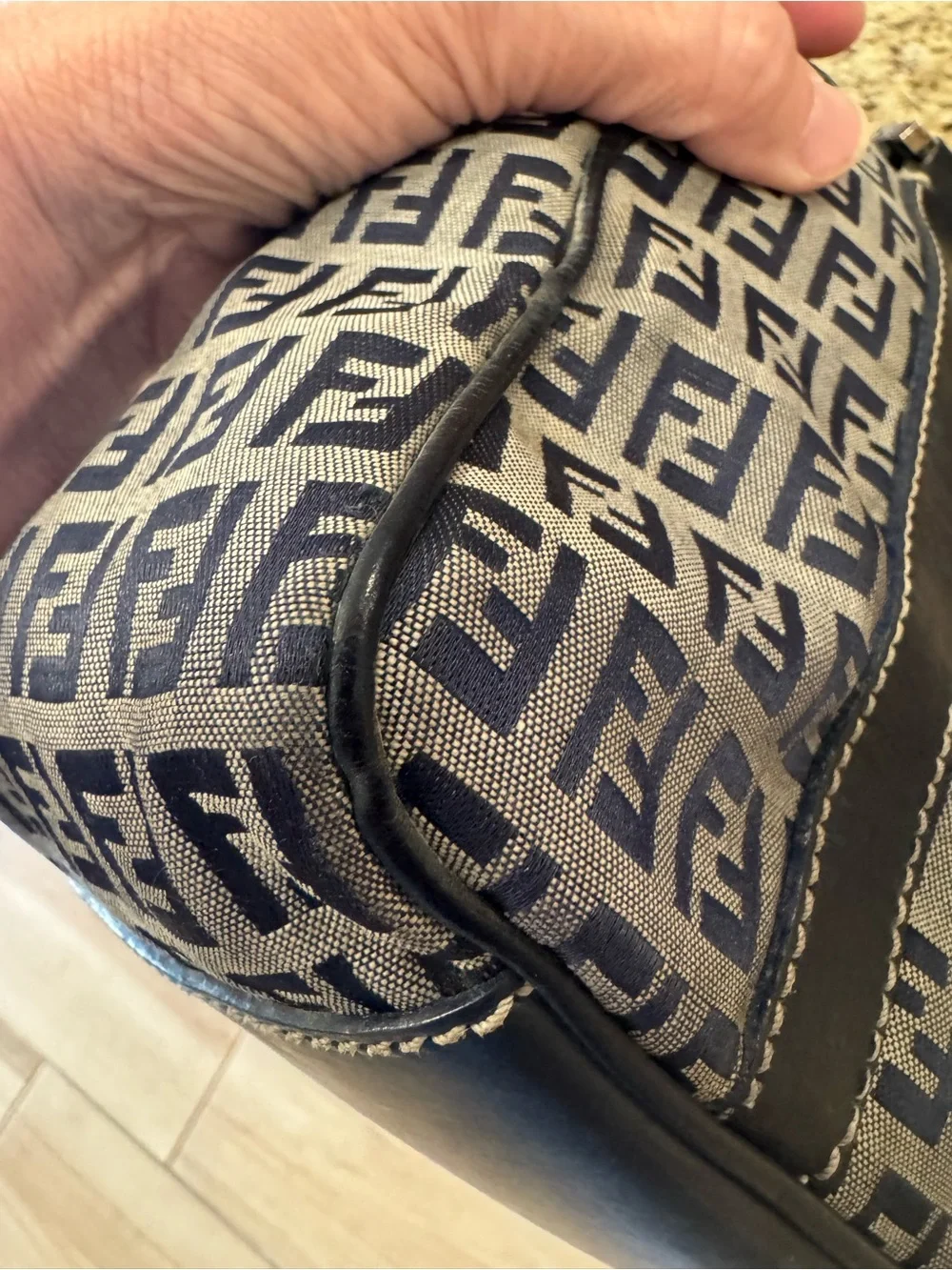 Fendi Blue/black FF Logo Canvas Boston bag